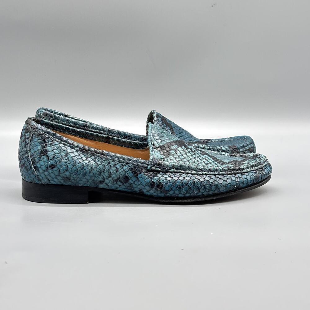 Ann Mashburn Shoes Womens 5 Blue Leather Snake Print Loafers Slip On Classic